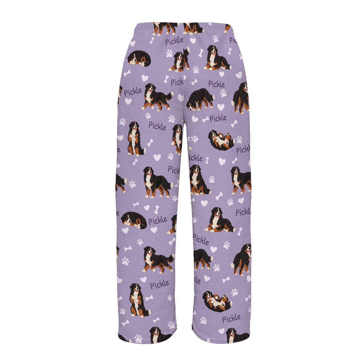 Bernese Mountain Dog personalized pet name fleece pajama trousers, flat back view.