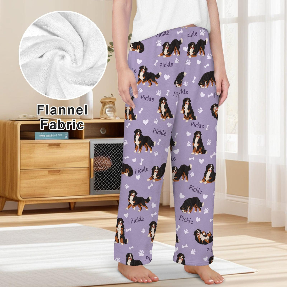 Bernese Mountain Dog personalized pet name fleece pajama trousers, front lifestyle view.