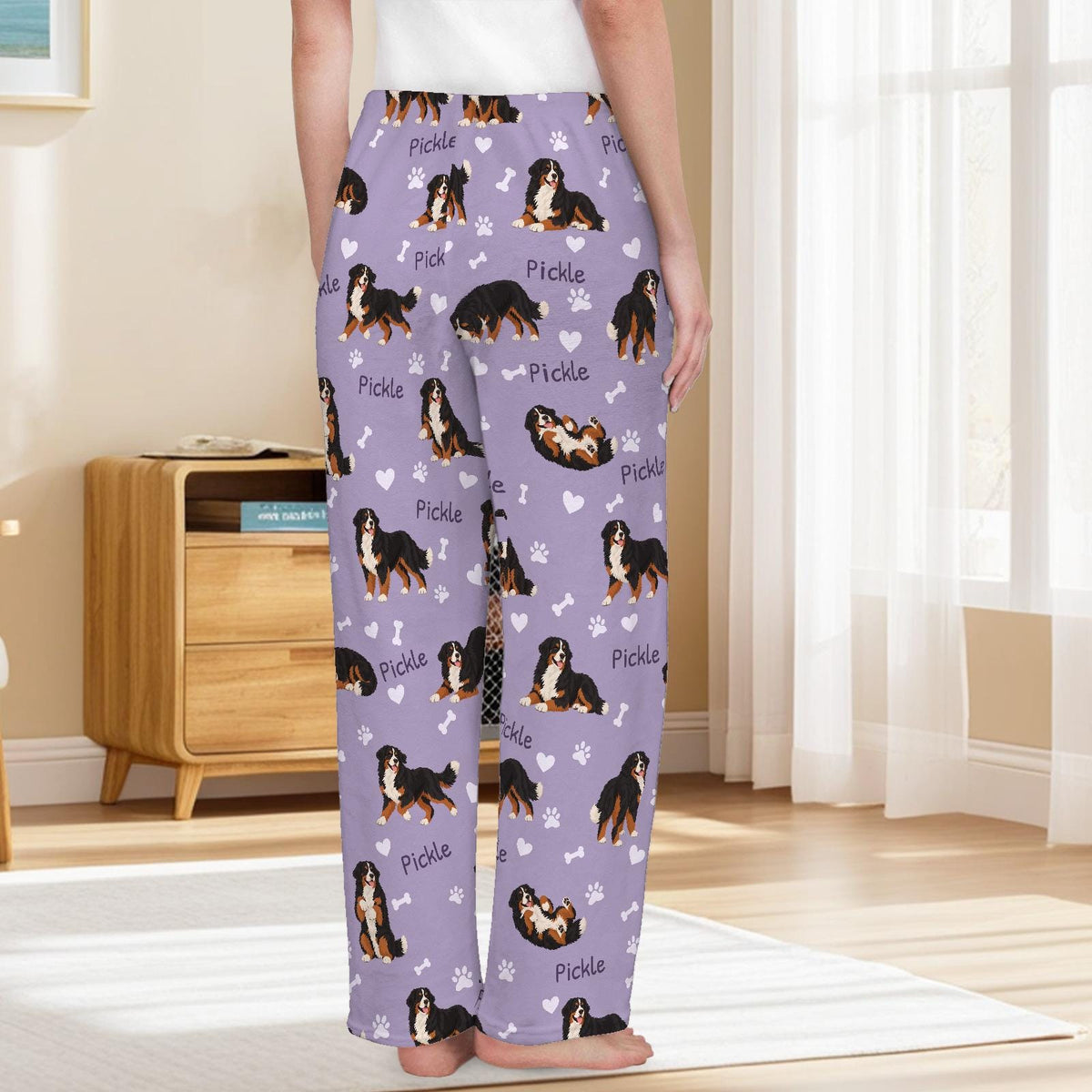 Bernese Mountain Dog personalized pet name fleece pajama trousers, back lifestyle view.