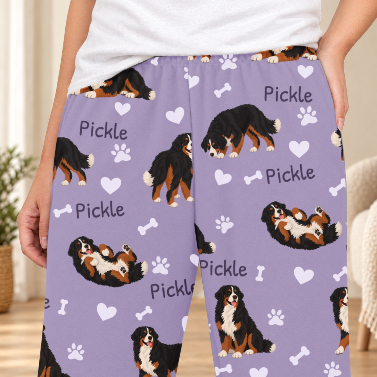 Bernese Mountain Dog personalized fleece pajama close-up showing breed artwork and example pet name
