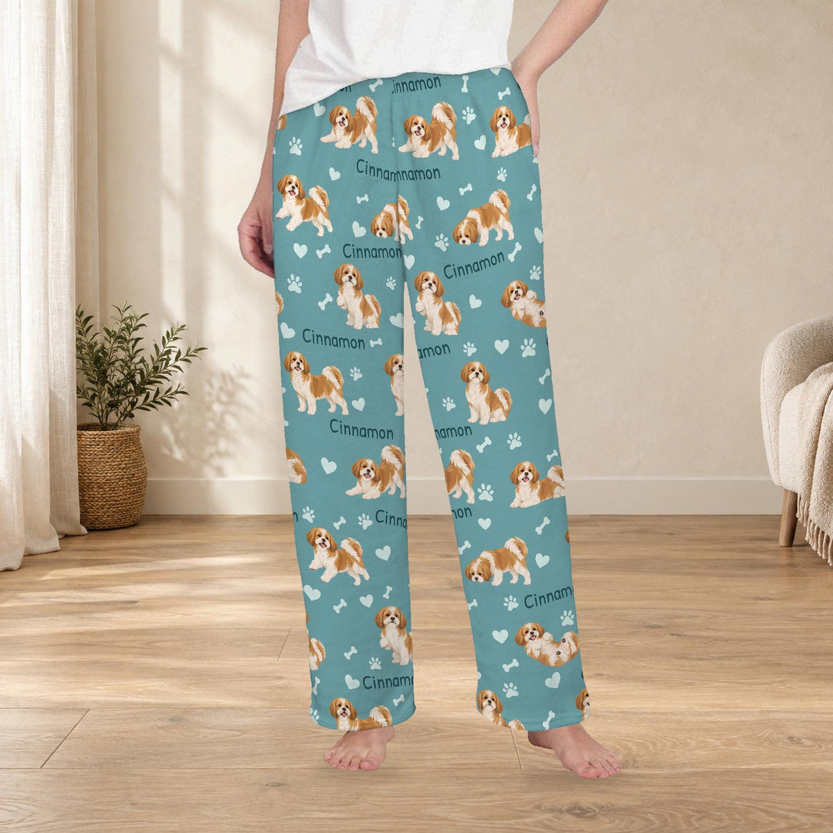 Shih Tzu personalized fleece pajama trousers on a model; women's fit, front view. Cozy neutral room background.