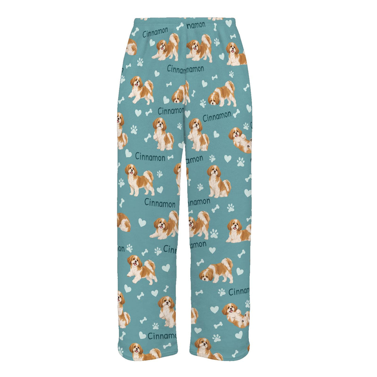 Shih Tzu personalized pet name fleece pajama trousers, flat front view.