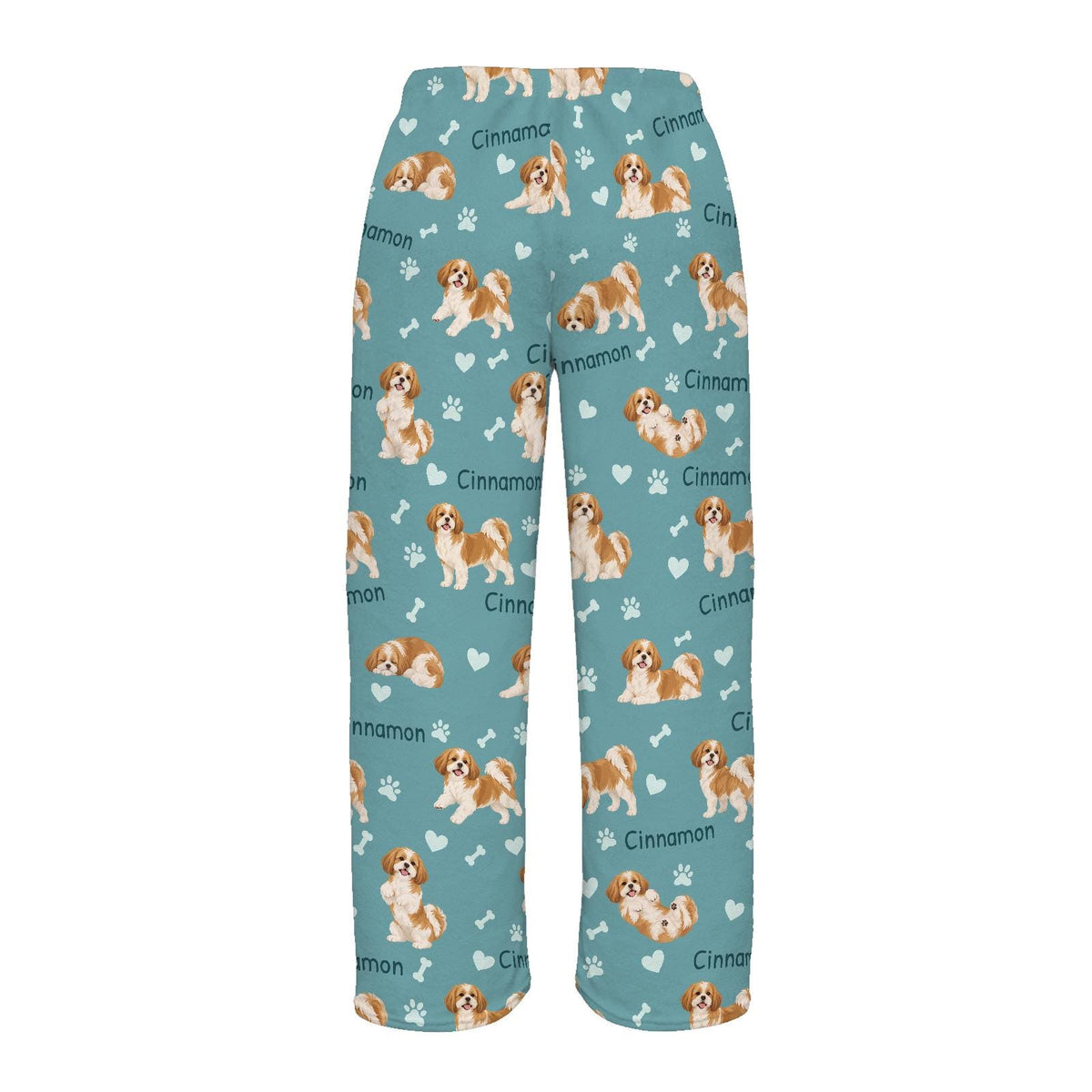 Shih Tzu personalized pet name fleece pajama trousers, flat back view.