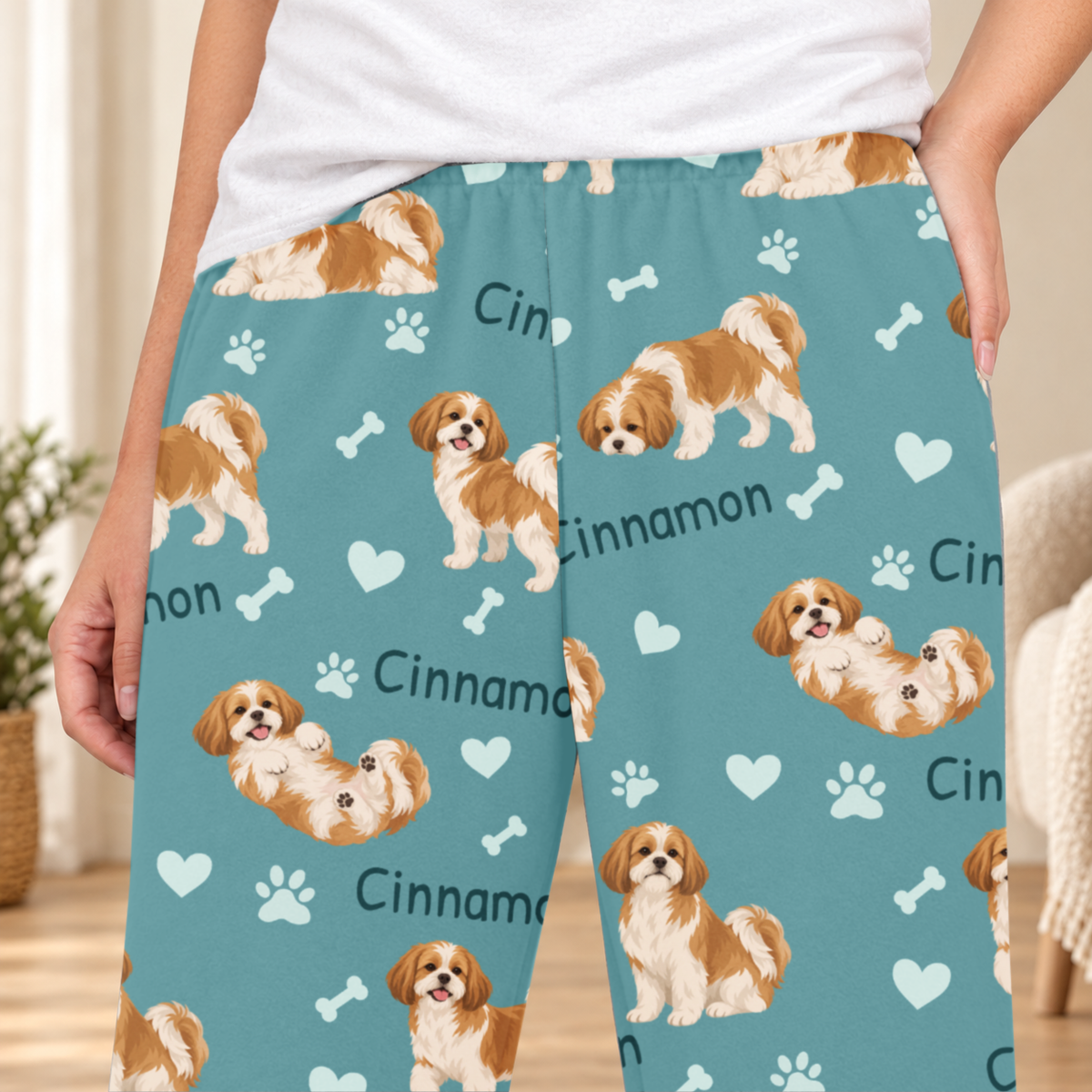 Shih Tzu personalized fleece pajama close-up showing breed artwork and example pet name