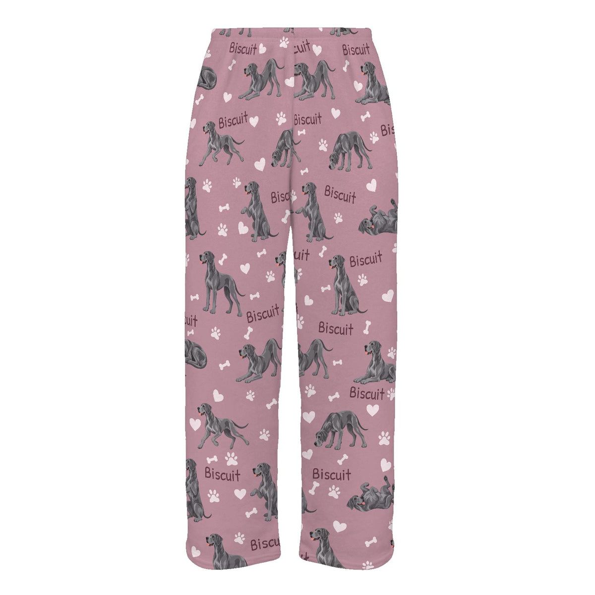Great Dane personalized pet name fleece pajama trousers, flat front view.