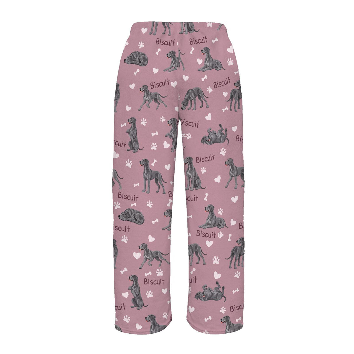 Great Dane personalized pet name fleece pajama trousers, flat back view.