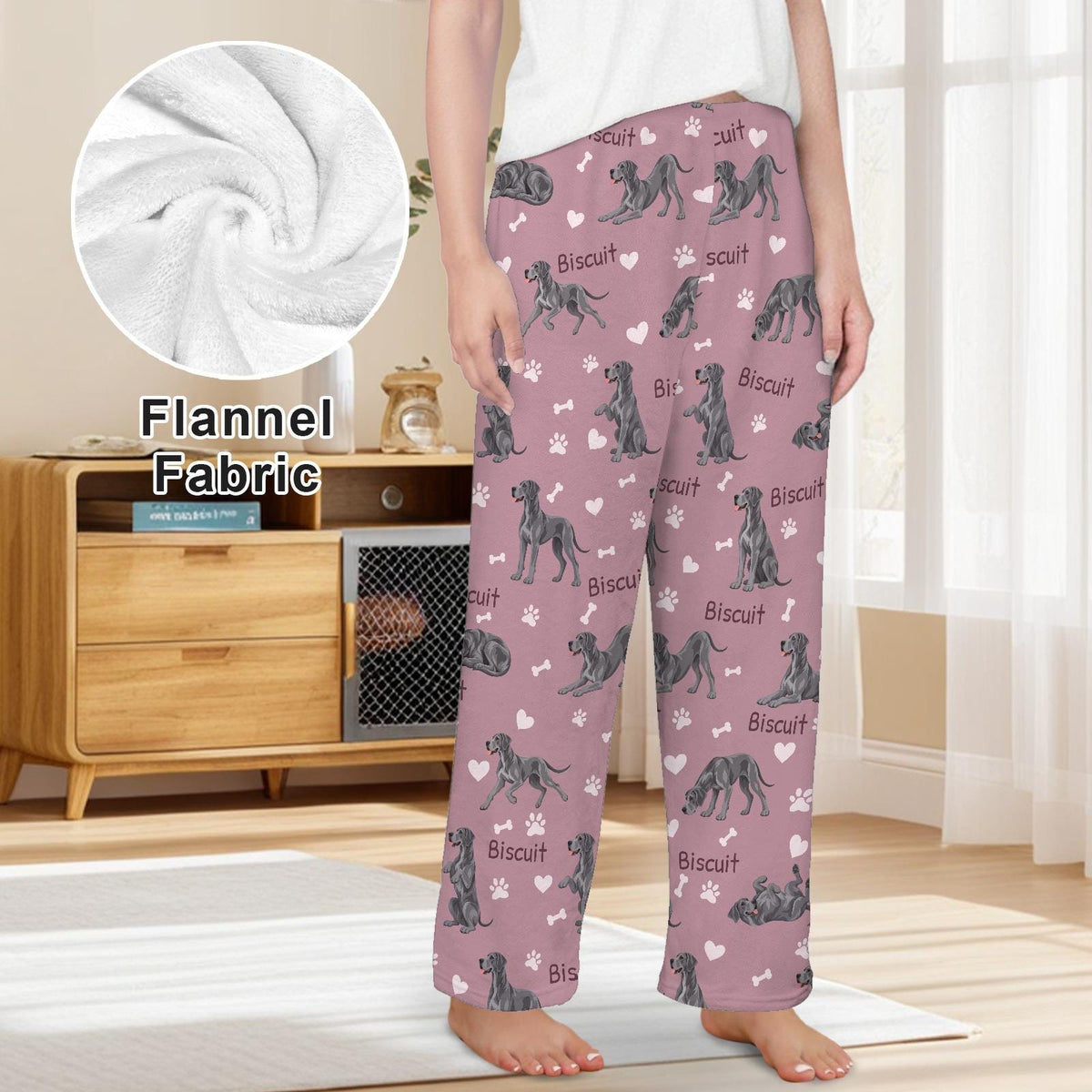 Great Dane personalized pet name fleece pajama trousers, front lifestyle view.