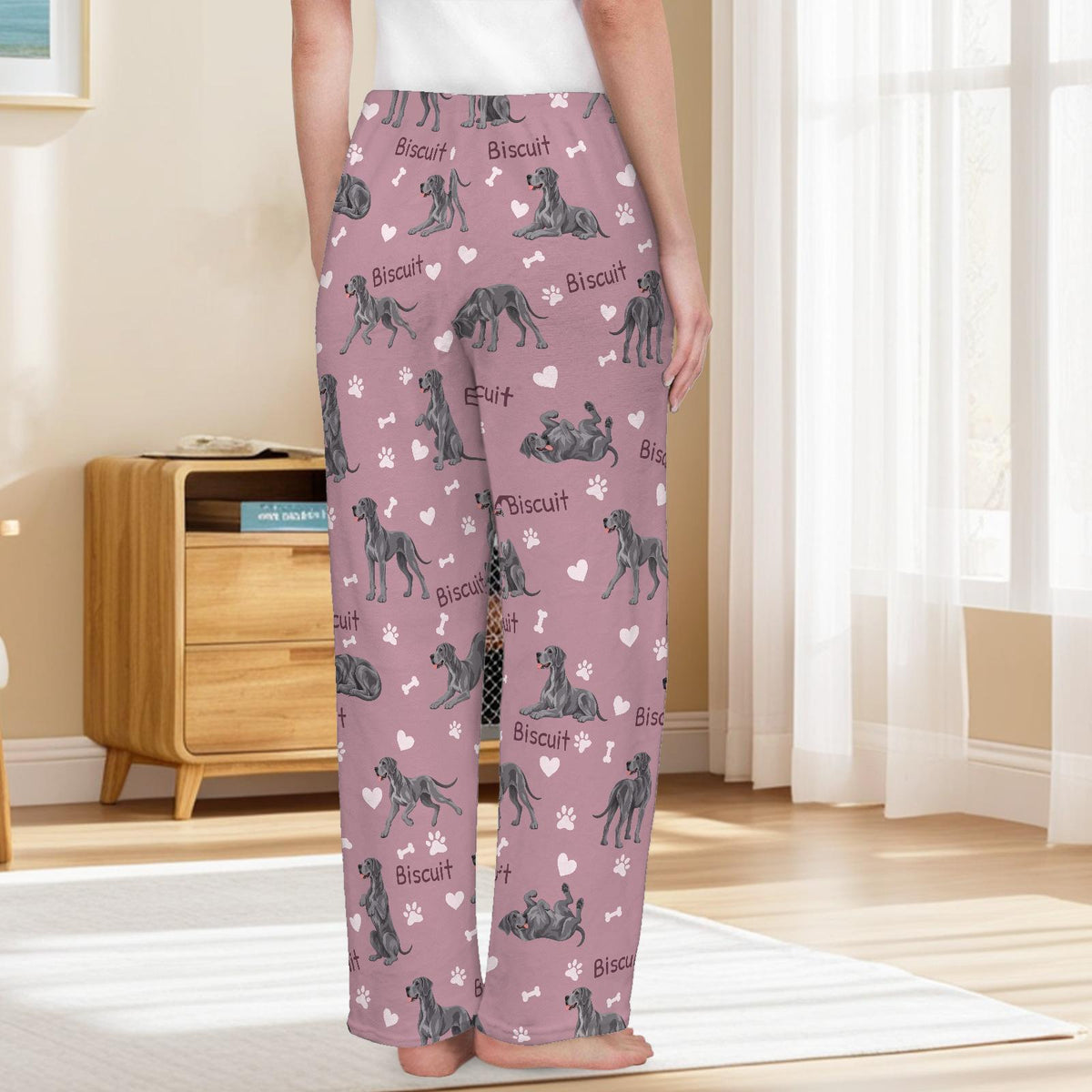 Great Dane personalized pet name fleece pajama trousers, back lifestyle view.