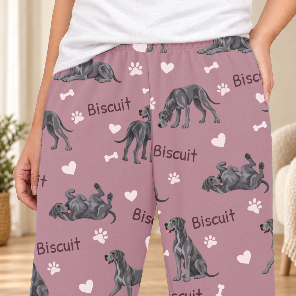 Great Dane personalized fleece pajama close-up showing breed artwork and example pet name
