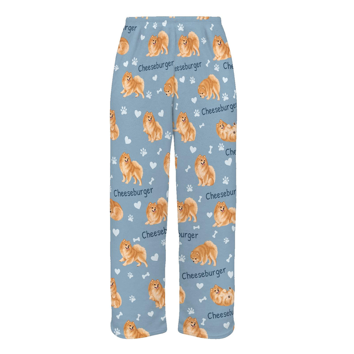 Pomeranian personalized pet name fleece pajama trousers, flat front view.