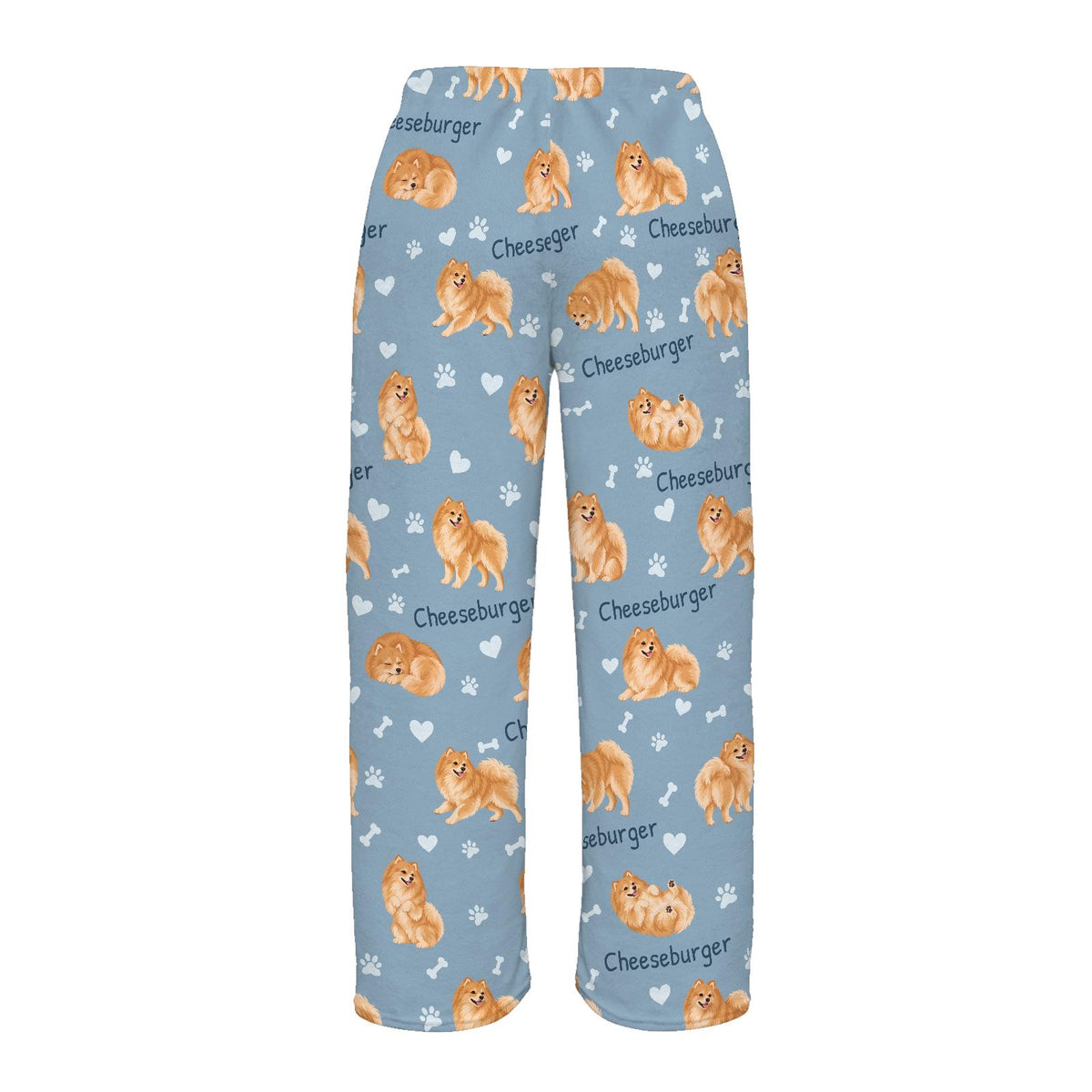 Pomeranian personalized pet name fleece pajama trousers, flat back view.