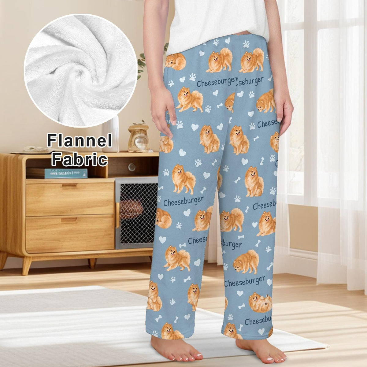Pomeranian personalized pet name fleece pajama trousers, front lifestyle view.