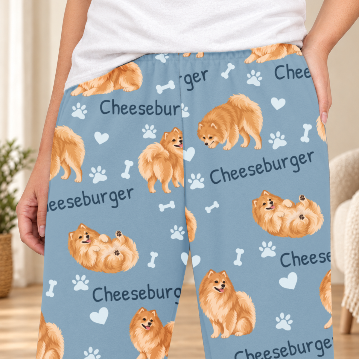 Pomeranian personalized fleece pajama close-up showing breed artwork and example pet name