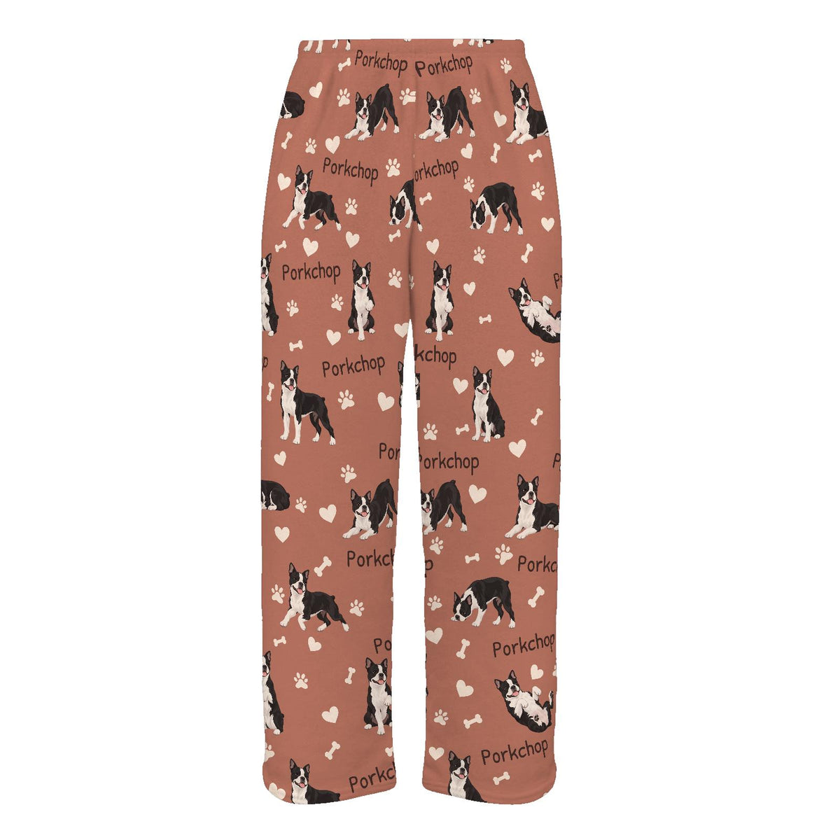 Boston Terrier personalized pet name fleece pajama trousers, flat front view.