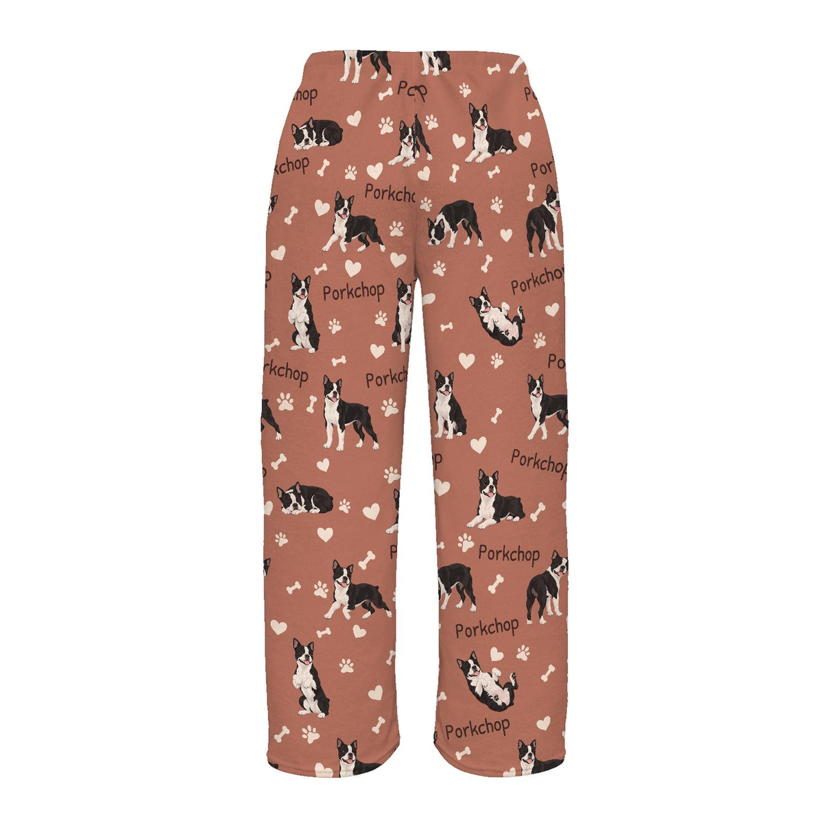 Boston Terrier personalized pet name fleece pajama trousers, flat back view.