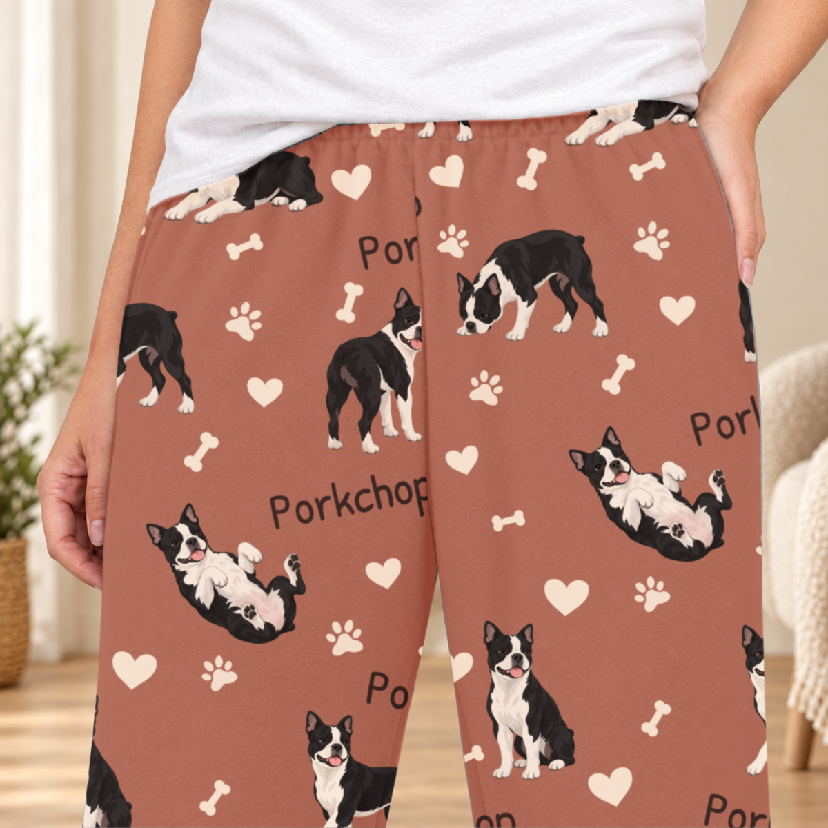 Boston Terrier personalized fleece pajama close-up showing breed artwork and example pet name