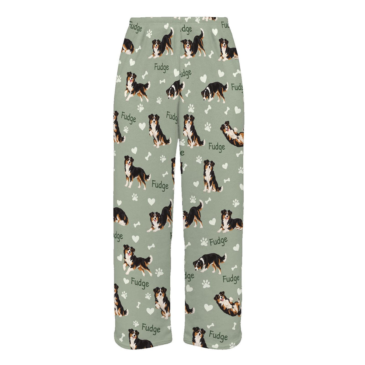 Miniature American Shepherd personalized pet name fleece pajama trousers, flat front view.
