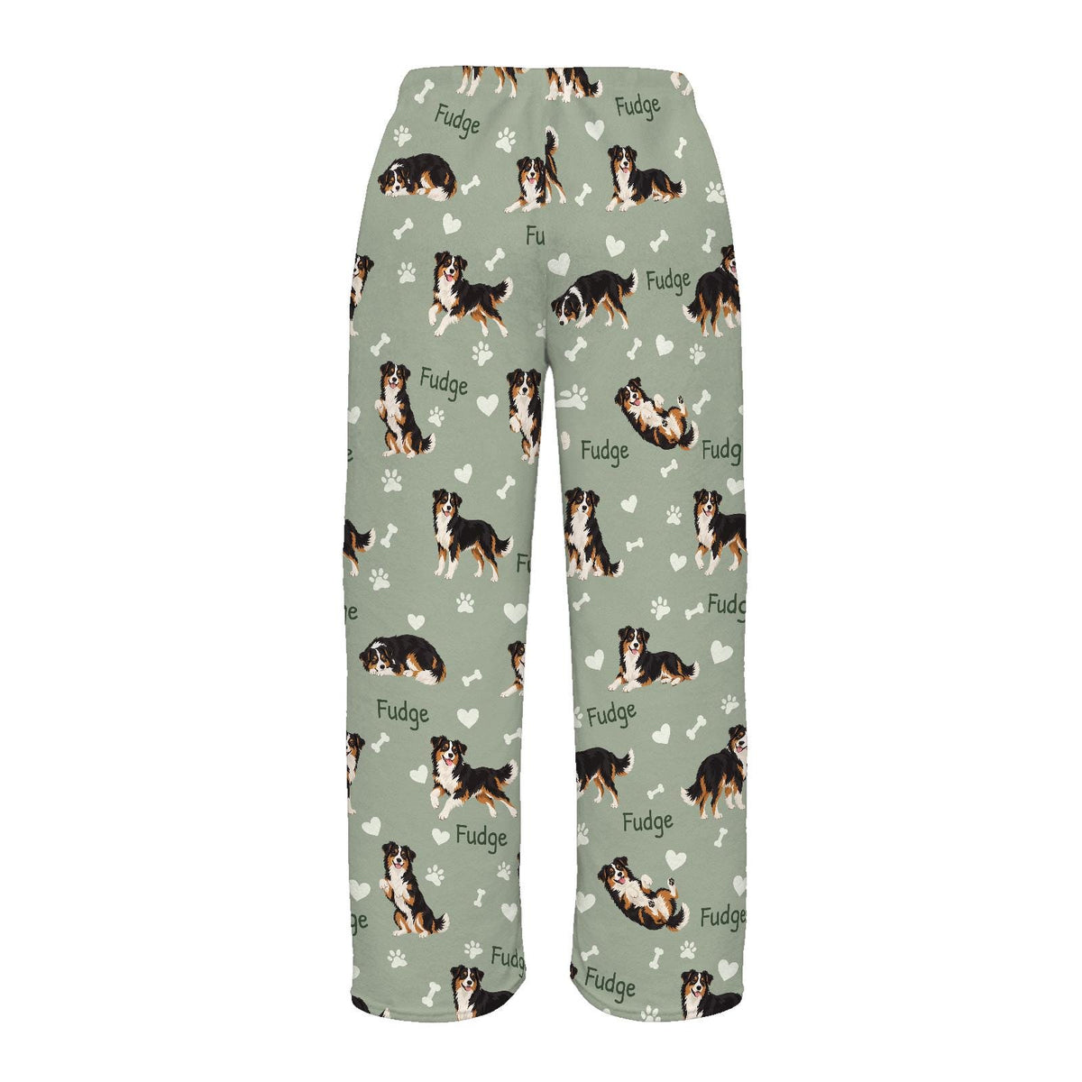 Miniature American Shepherd personalized pet name fleece pajama trousers, flat back view.