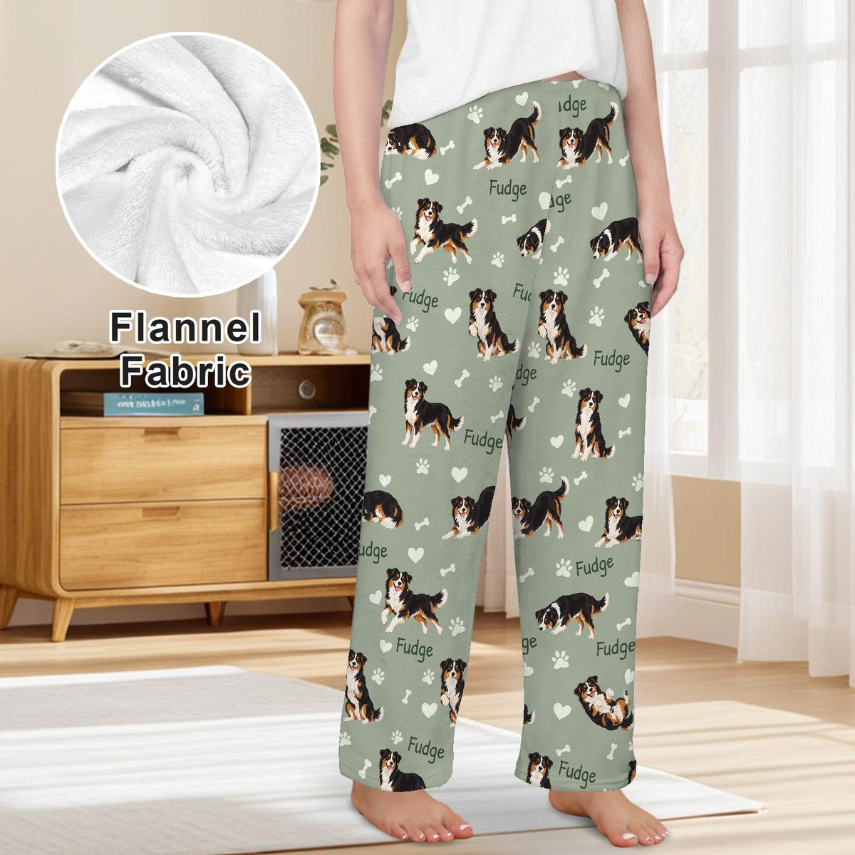 Miniature American Shepherd personalized pet name fleece pajama trousers, front lifestyle view.