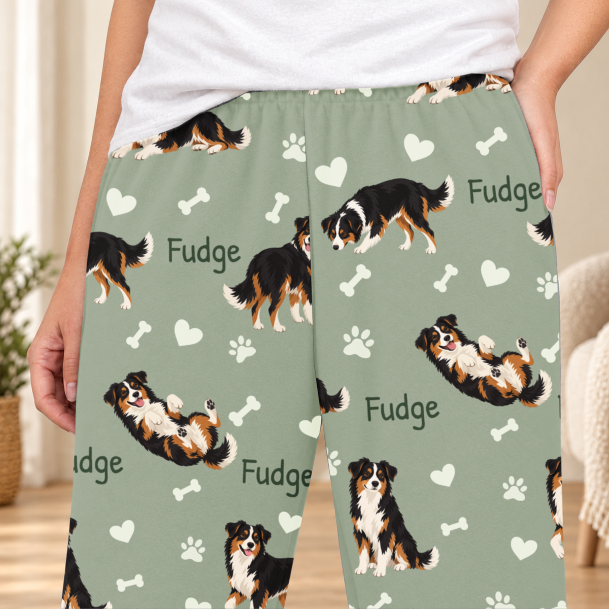 Miniature American Shepherd personalized fleece pajama close-up showing breed artwork and example pet name
