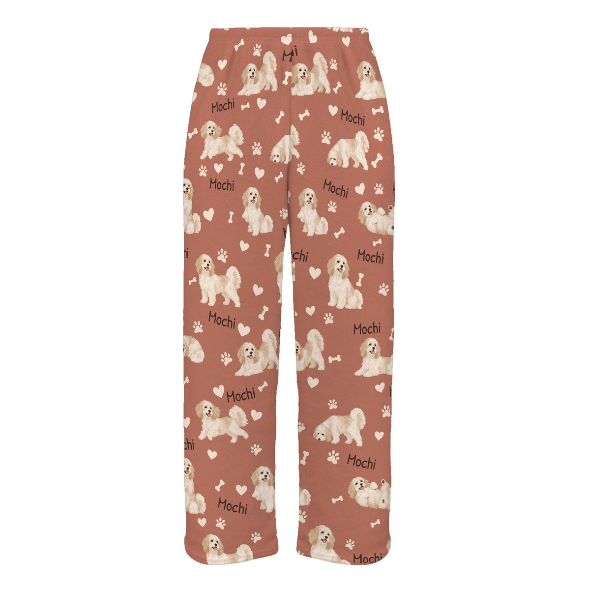 Havanese personalized pet name fleece pajama trousers, flat front view.