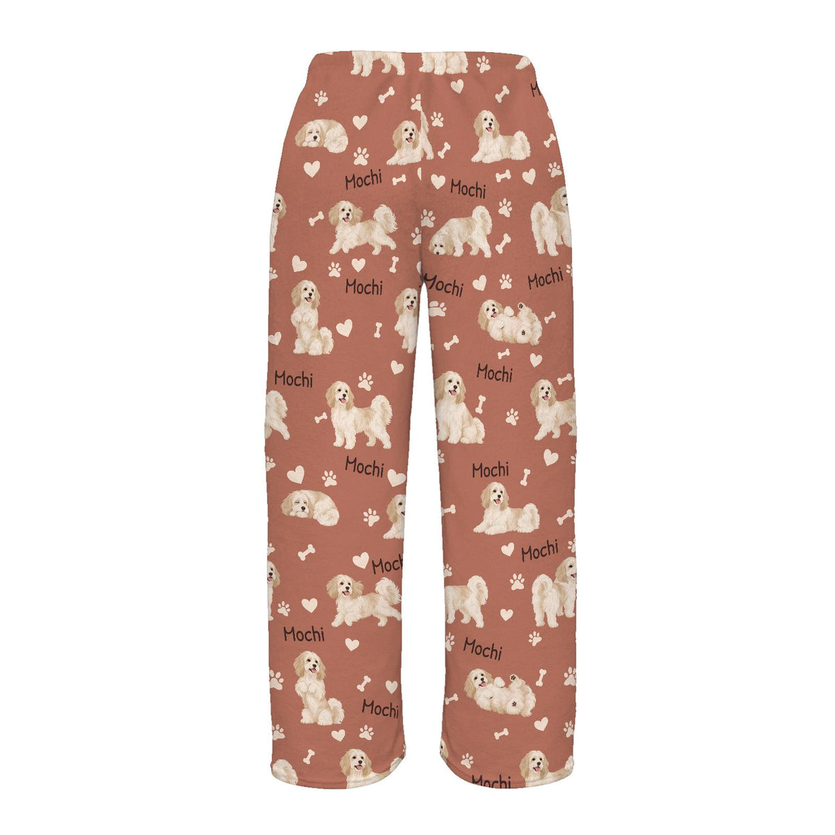 Havanese personalized pet name fleece pajama trousers, flat back view.