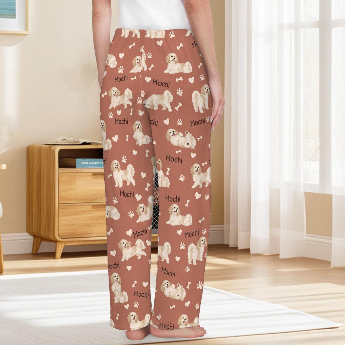Havanese personalized pet name fleece pajama trousers, back lifestyle view.
