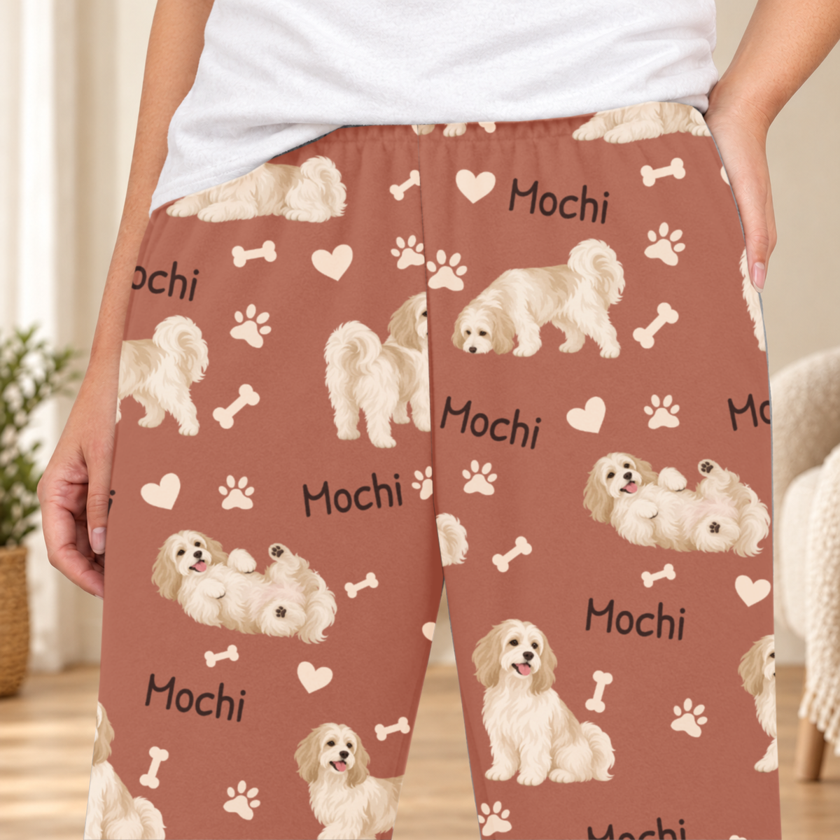 Havanese personalized fleece pajama close-up showing breed artwork and example pet name