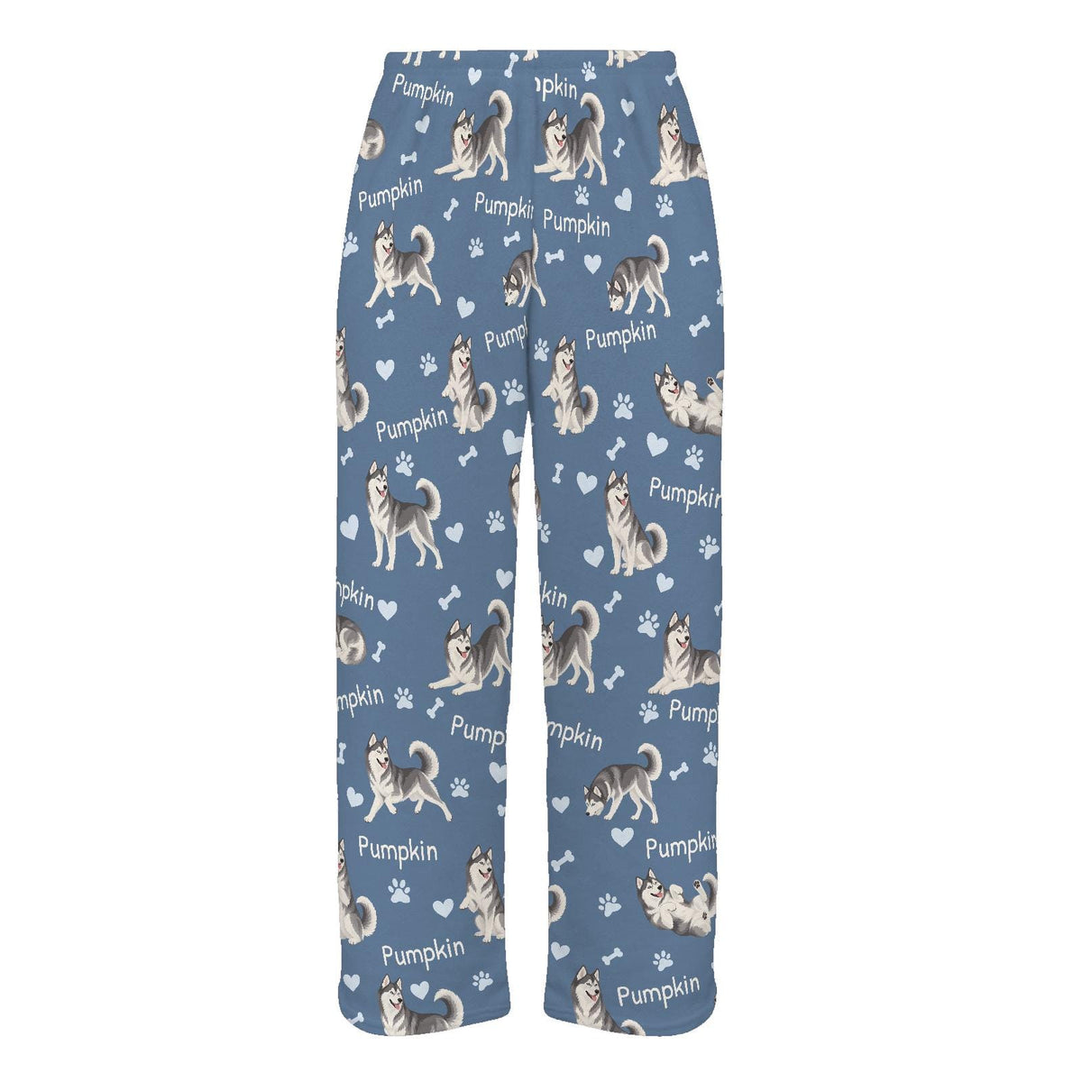 Siberian Husky personalized pet name fleece pajama trousers, flat front view.