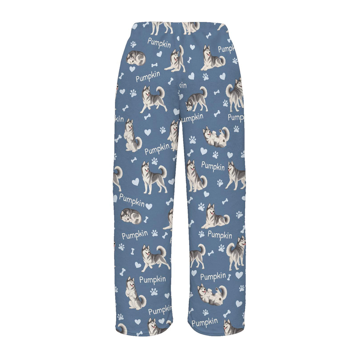 Siberian Husky personalized pet name fleece pajama trousers, flat back view.
