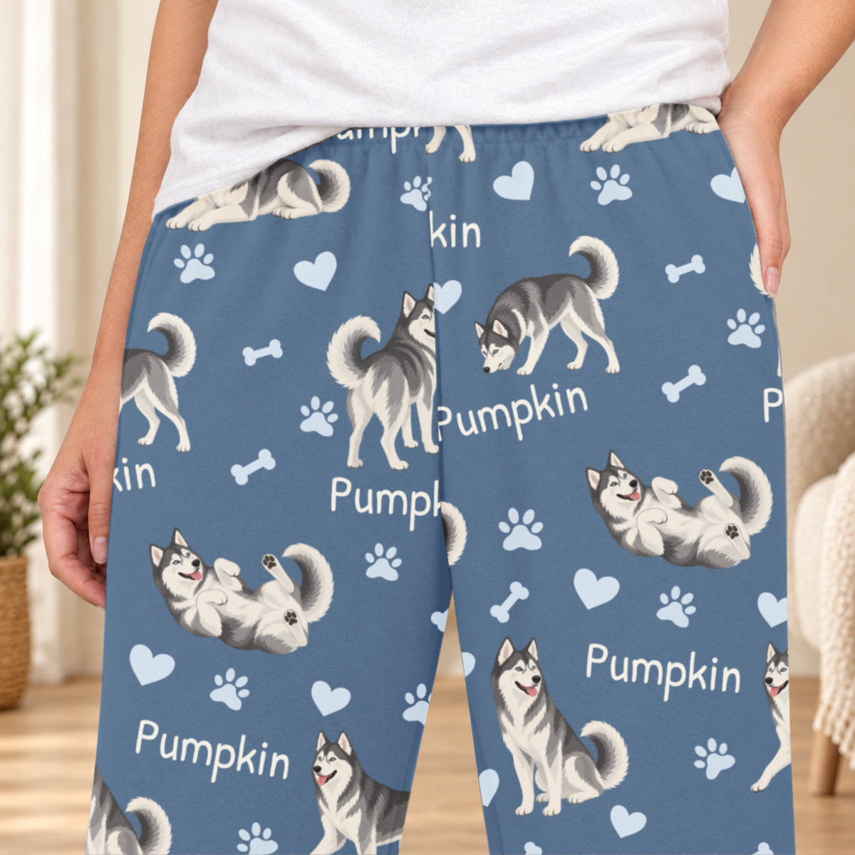Siberian Husky personalized fleece pajama close-up showing breed artwork and example pet name
