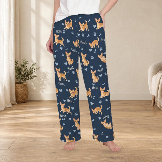 Chihuahua personalized fleece pajama trousers on a model; women's fit, front view. Cozy neutral room background.