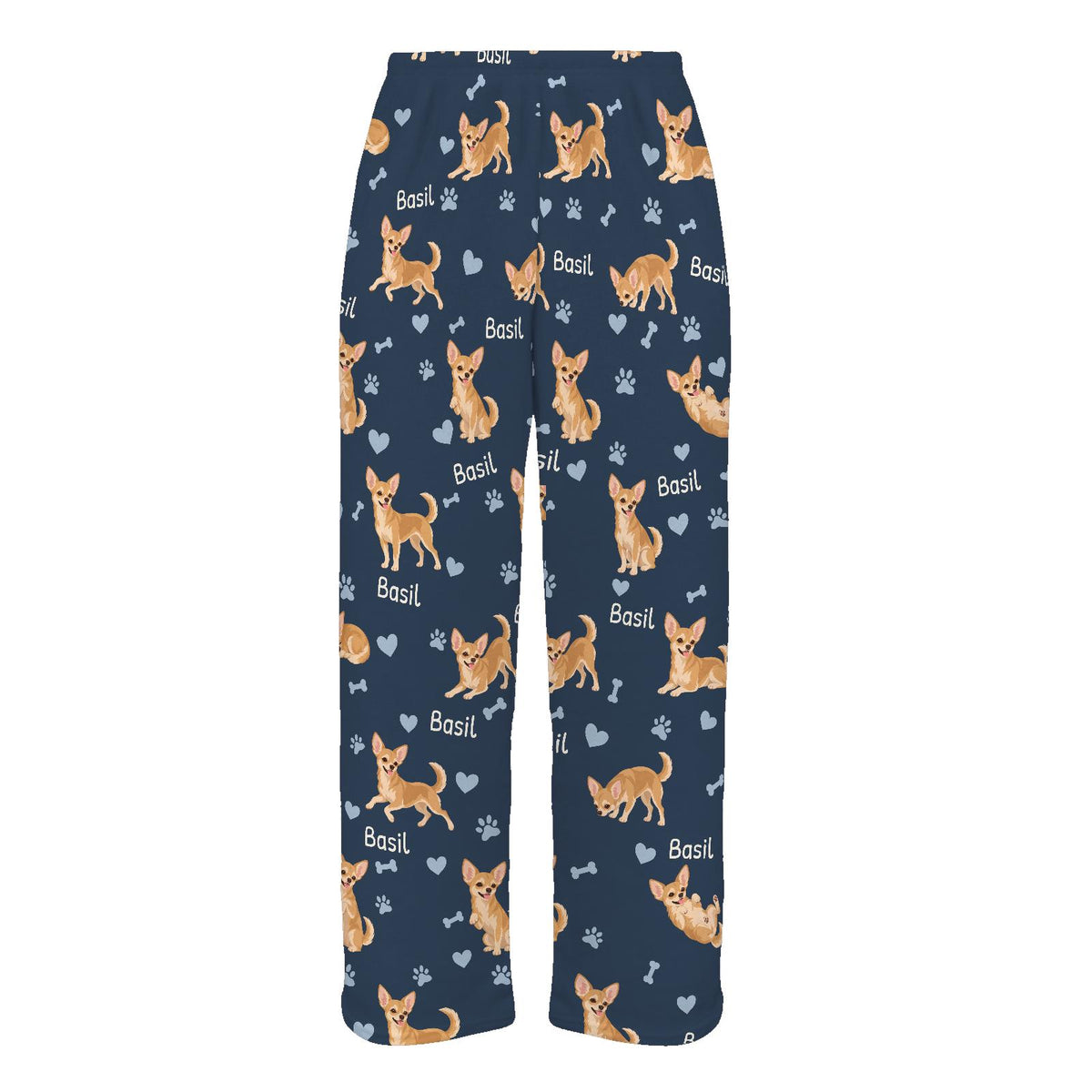 Chihuahua personalized pet name fleece pajama trousers, flat front view.