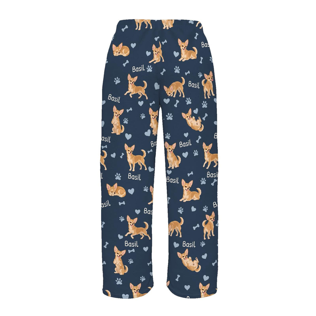 Chihuahua personalized pet name fleece pajama trousers, flat back view.