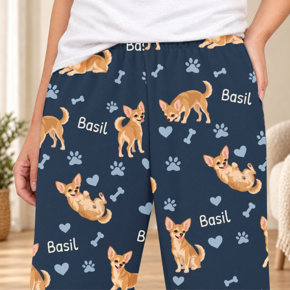Chihuahua personalized fleece pajama close-up showing breed artwork and example pet name