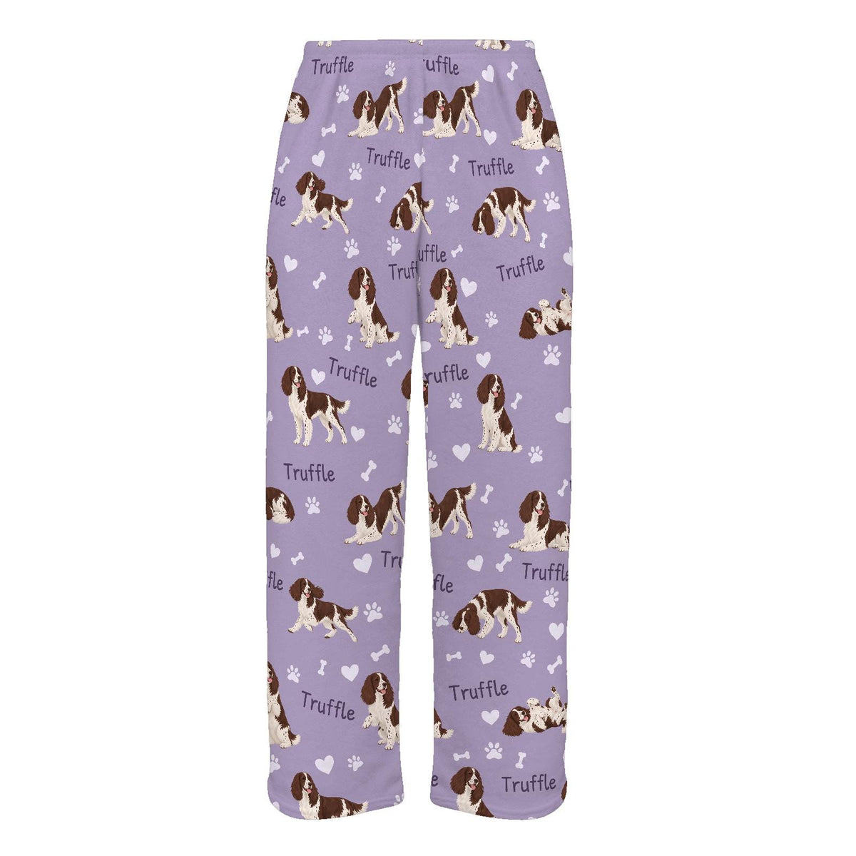 English Springer Spaniel personalized pet name fleece pajama trousers, flat front view.