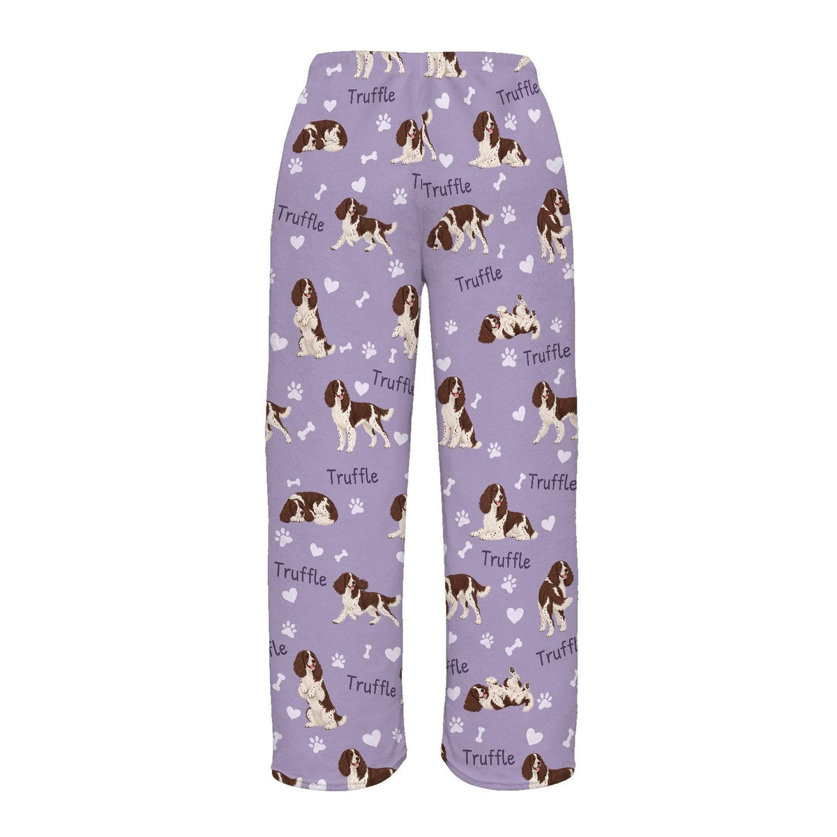 English Springer Spaniel personalized pet name fleece pajama trousers, flat back view.