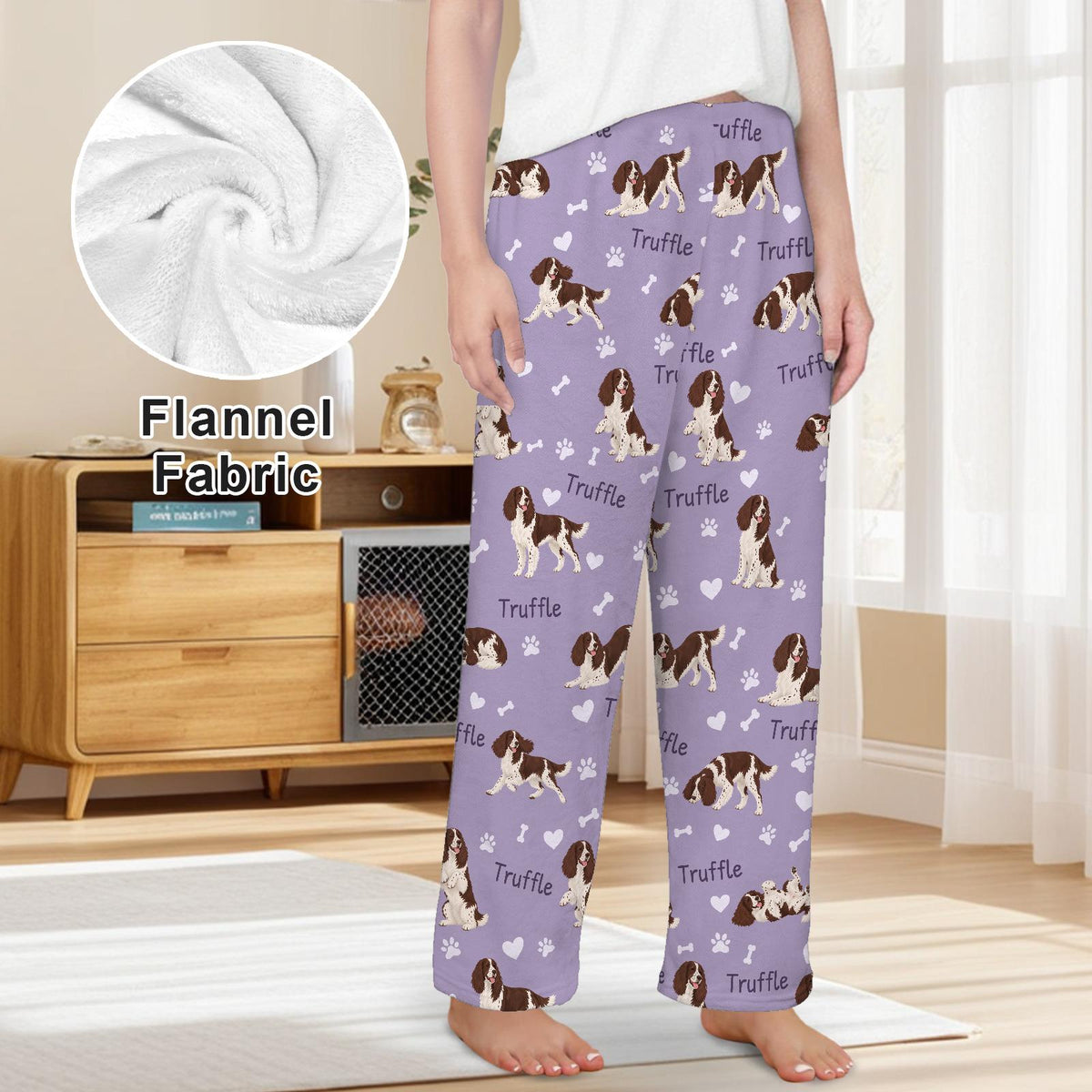 English Springer Spaniel personalized pet name fleece pajama trousers, front lifestyle view.