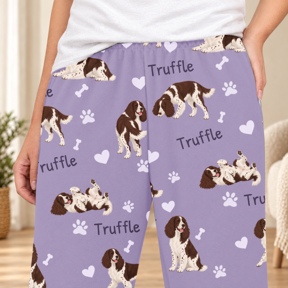 English Springer Spaniel personalized fleece pajama close-up showing breed artwork and example pet name