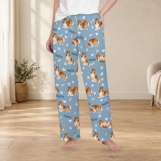 Shetland Sheepdog personalized fleece pajama trousers on a model; women's fit, front view. Cozy neutral room background.
