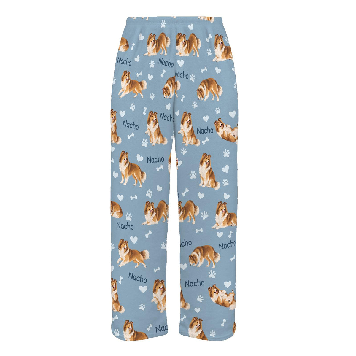 Shetland Sheepdog personalized pet name fleece pajama trousers, flat front view.