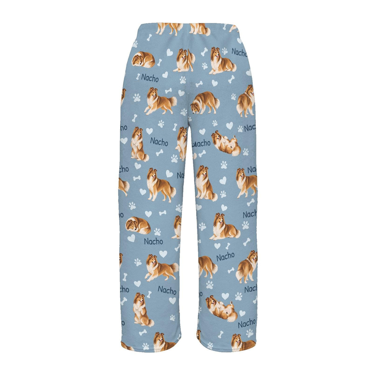 Shetland Sheepdog personalized pet name fleece pajama trousers, flat back view.