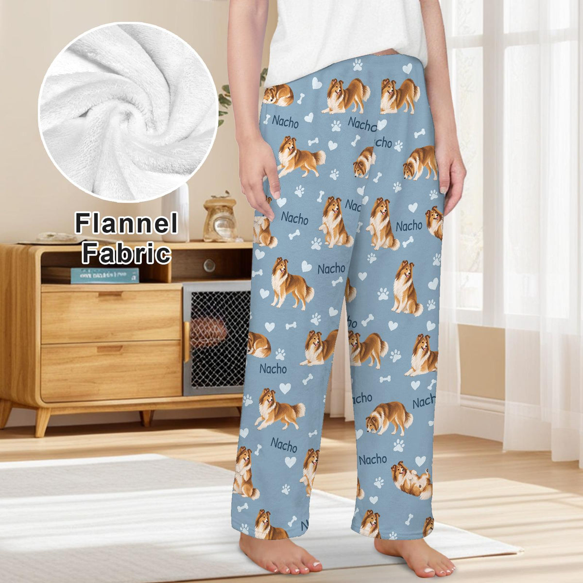 Shetland Sheepdog personalized pet name fleece pajama trousers, front lifestyle view.