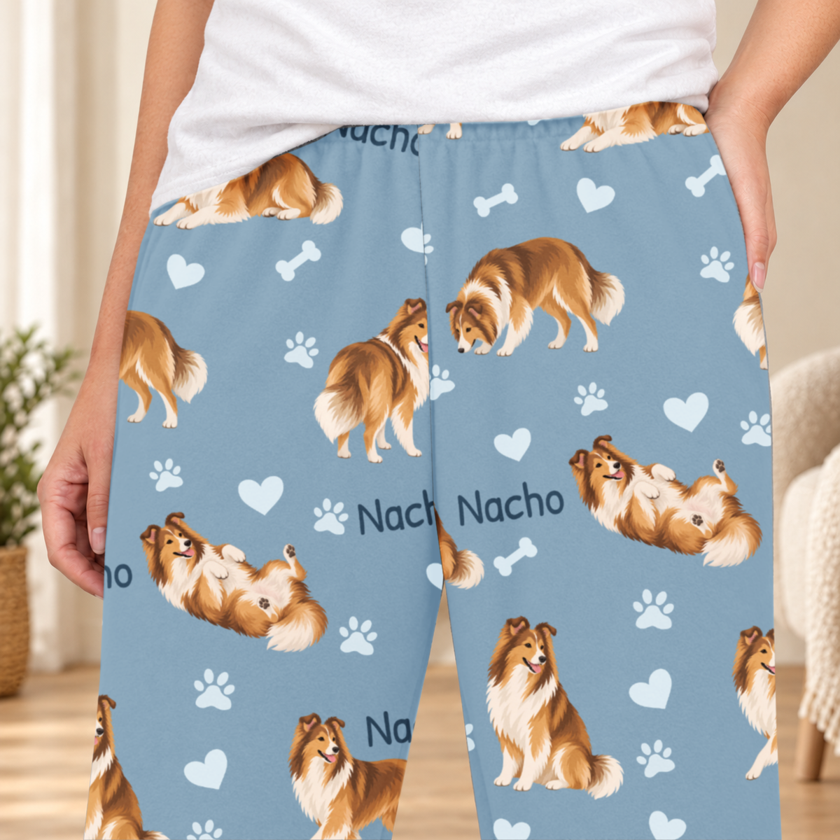 Shetland Sheepdog personalized fleece pajama close-up showing breed artwork and example pet name
