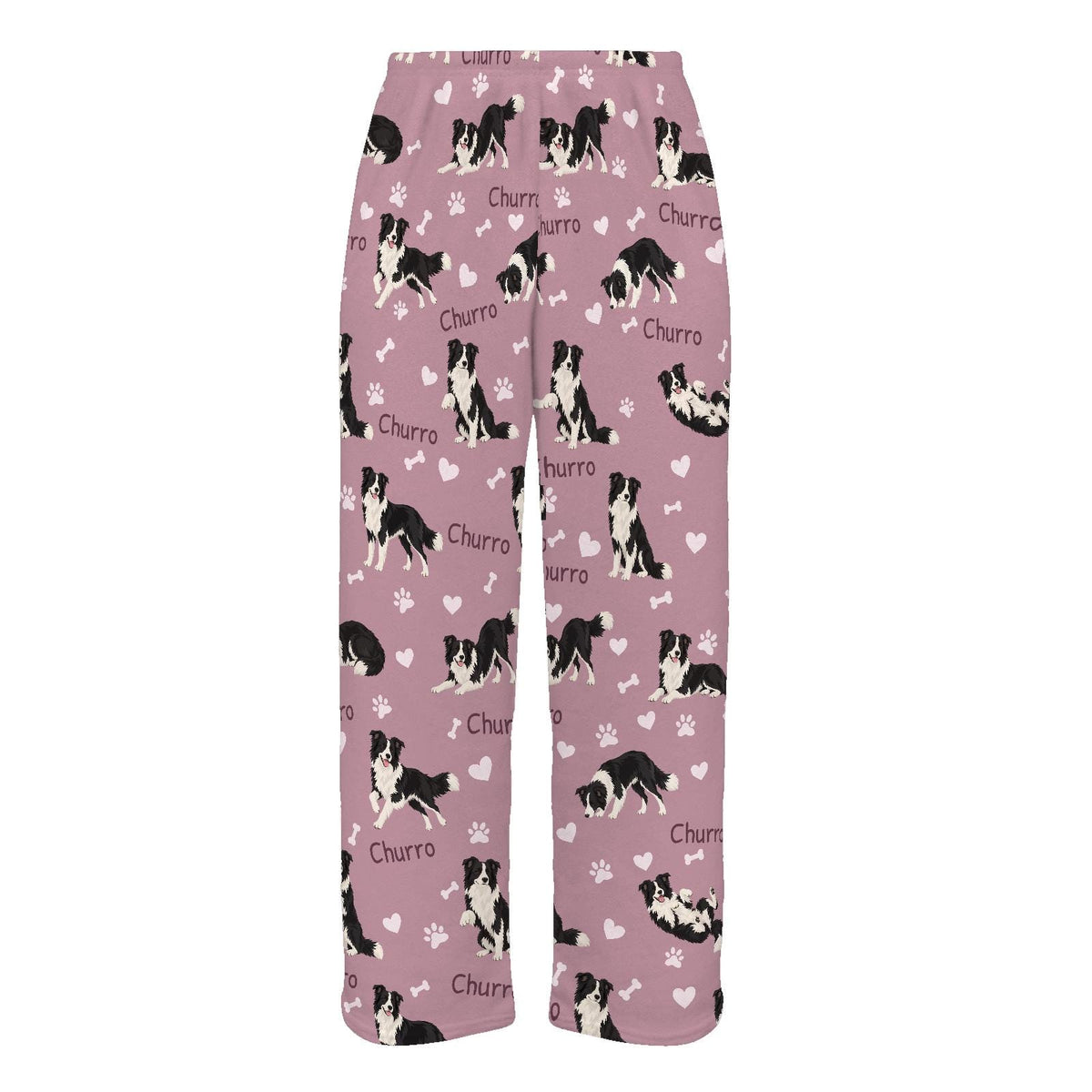 Border Collie personalized pet name fleece pajama trousers, flat front view.