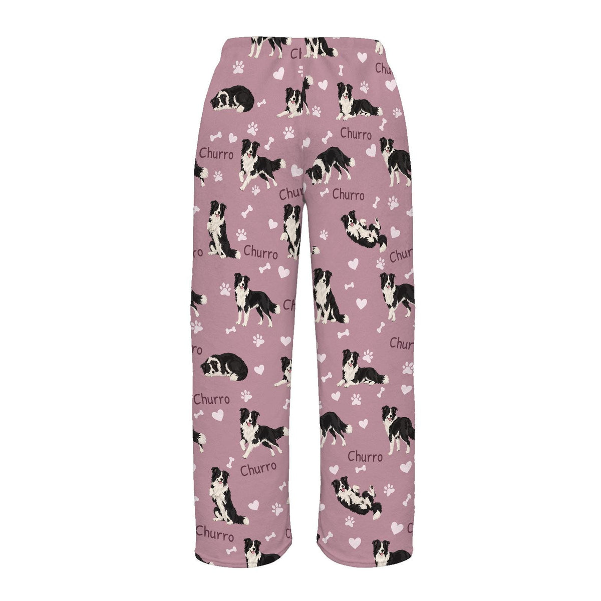 Border Collie personalized pet name fleece pajama trousers, flat back view.