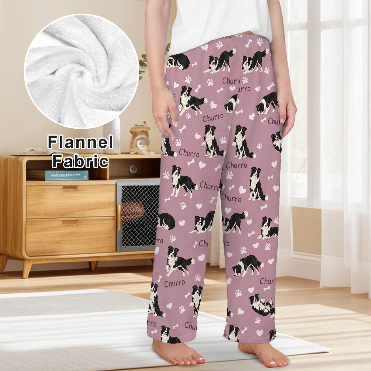 Border Collie personalized pet name fleece pajama trousers, front lifestyle view.