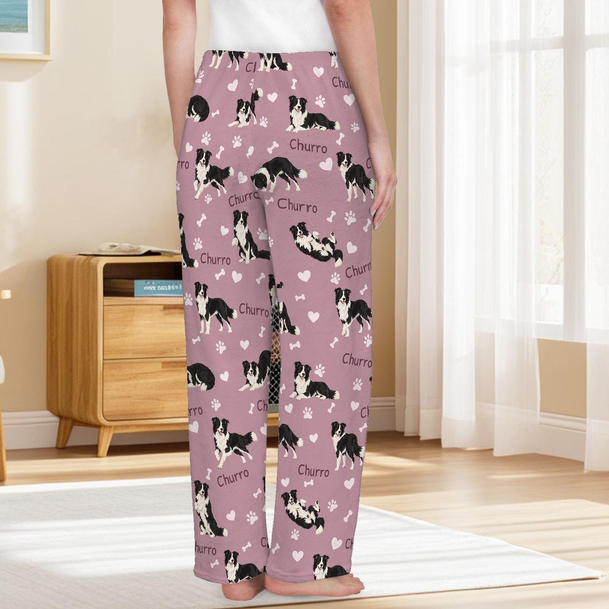 Border Collie personalized pet name fleece pajama trousers, back lifestyle view.