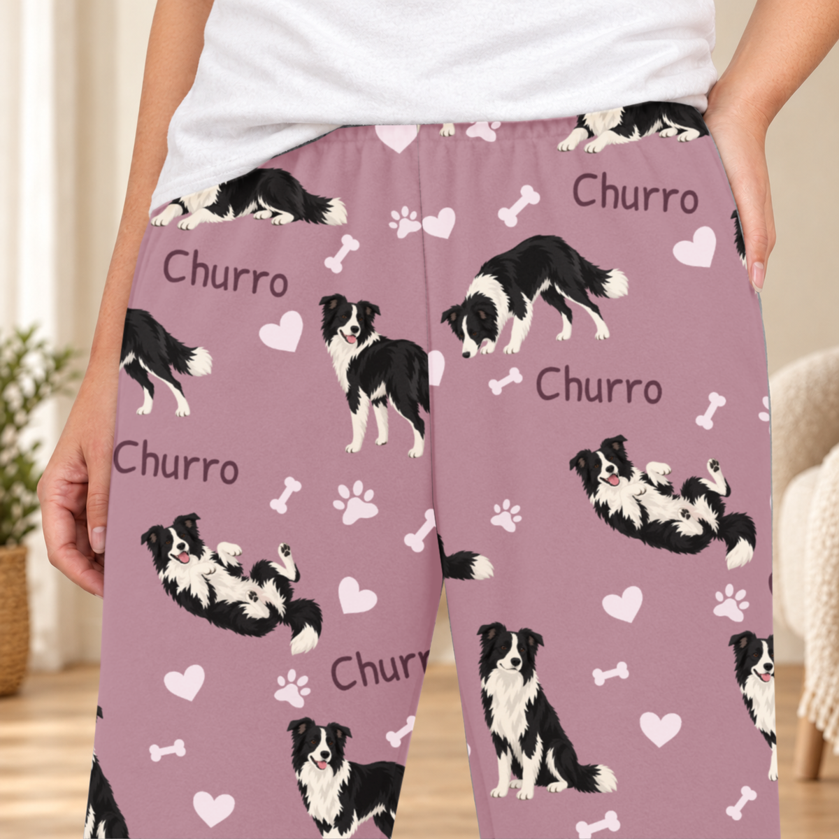 Border Collie personalized fleece pajama close-up showing breed artwork and example pet name
