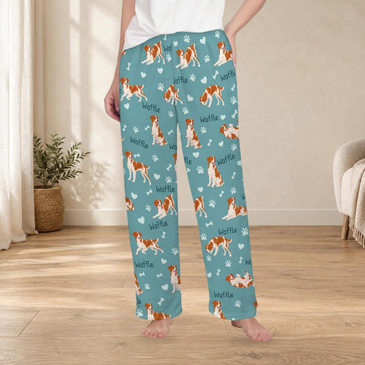Brittany personalized fleece pajama trousers on a model; women's fit, front view. Cozy neutral room background.